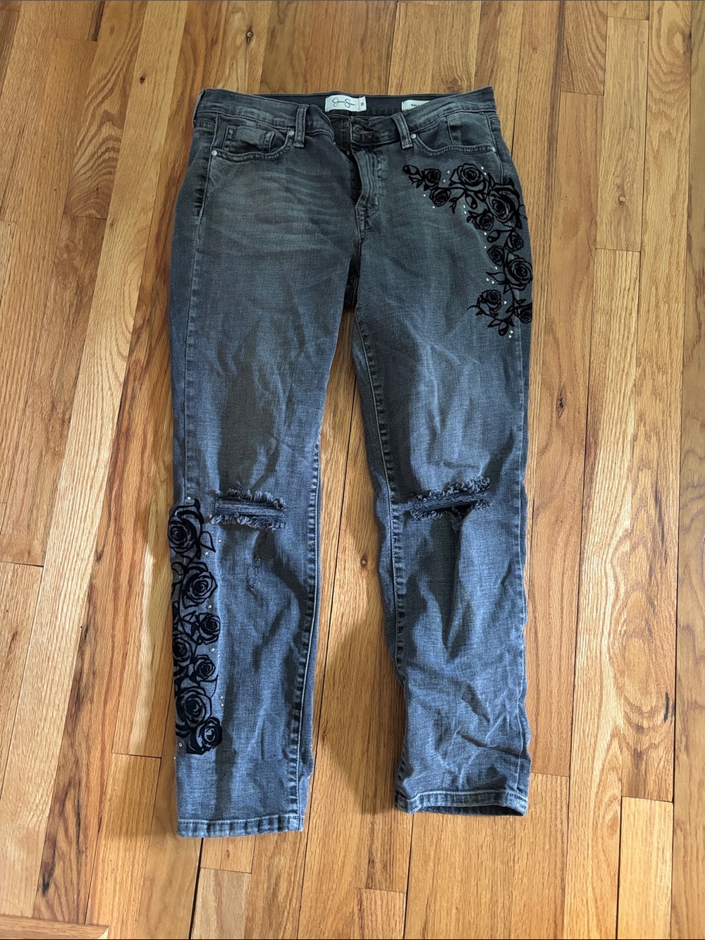 Jessica Simpson Gray Distressed Jeans with Black Floral Velvet Appliqué
